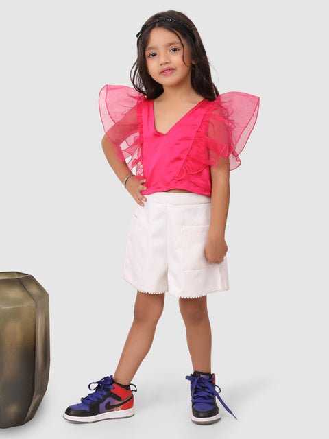 Ruffle Sleeve top with shorts Pink and White