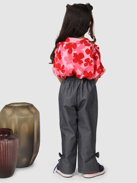Flower Print Balloon top with pant Pink  and Grey