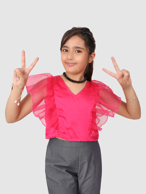 Ruffle Sleeve top with Pants Pink and Grey