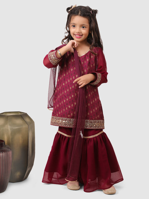 Pre-Order: Lace embellished Sharara set with dupatta Wine
