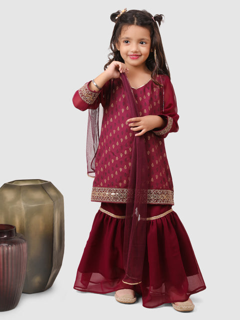 Pre-Order: Lace embellished Sharara set with dupatta Wine