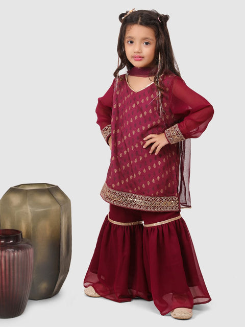 Lace embellished Sharara set with dupatta Wine