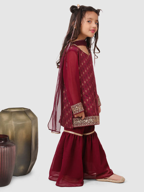 Lace embellished Sharara set with dupatta Wine