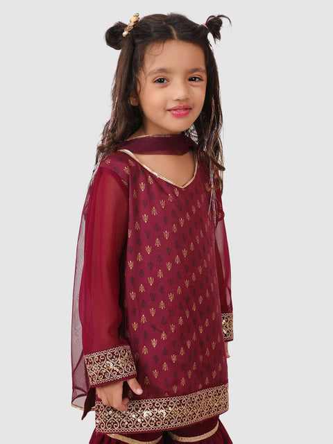 Pre-Order: Lace embellished Sharara set with dupatta Wine