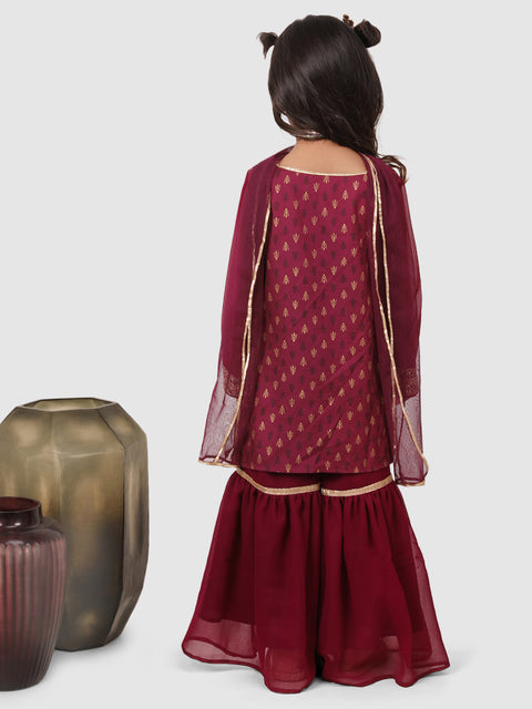 Lace embellished Sharara set with dupatta Wine