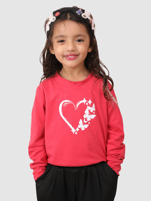 Full Sleeve Heart print T-shirt With pant Pink and Black
