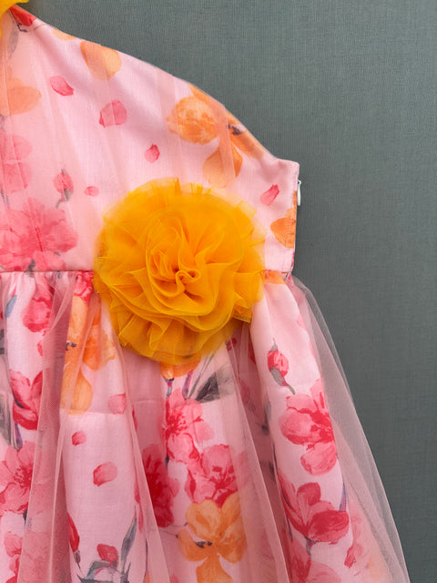 Pre-Order: One Shoulder Floral Dress with Net Overlay
