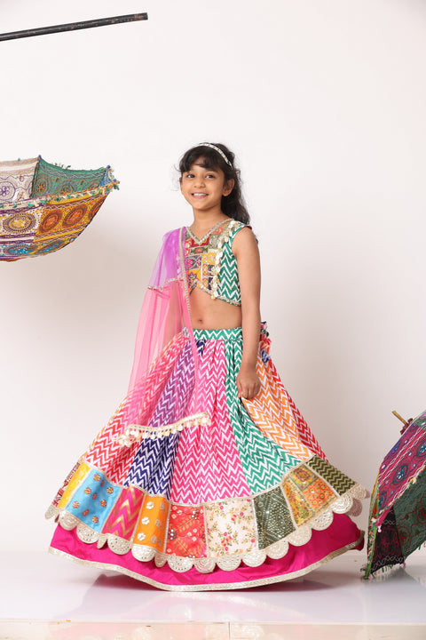 Pre-Order: Multicolour Top And Zig-zag Printed Lehenga With Net Dupatta
