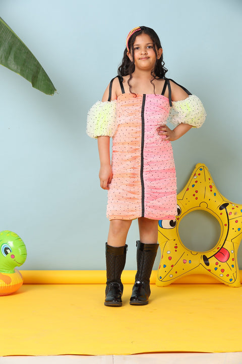 Pre-Order: Black Polka Dot Cold Shoulder Neon Dress With Matching Hairband