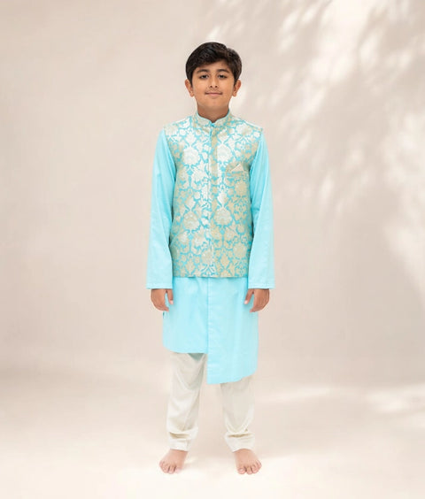 Pre-Order: Blue Brocade Jacket with Kurta and Pant