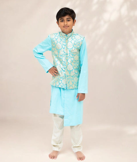 Pre-Order: Blue Brocade Jacket with Kurta and Pant