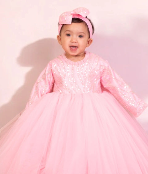 Pre-Order: Pink Embroidered & Net Gown