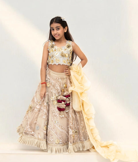 Pre-Order: Golden Embroidery Lehenga with 3D Flowers Choli