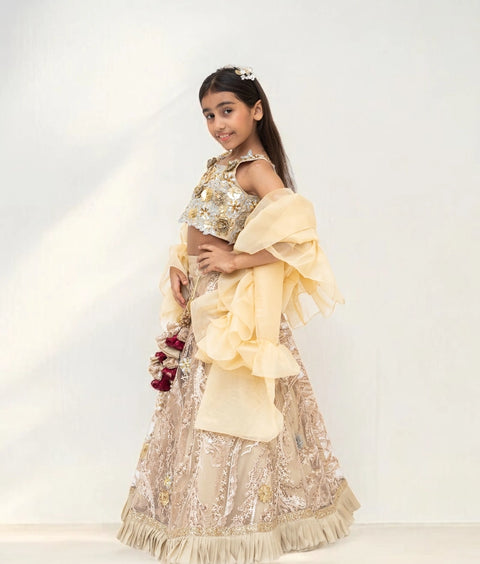 Pre-Order: Golden Embroidery Lehenga with 3D Flowers Choli