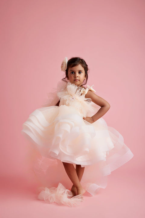 Pre-Order: Butterfly & pearl string enhanced ruffle peach dress