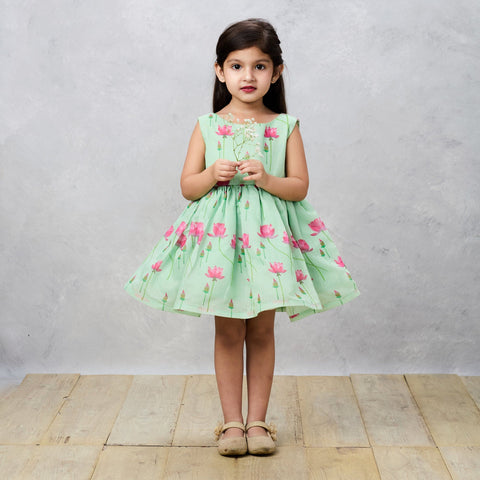 Pre-Order: Floral Printed Green Dress With Contrasting Back Bow