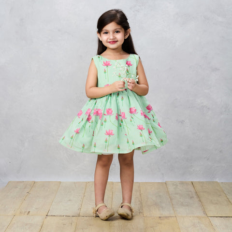 Pre-Order: Floral Printed Green Dress With Contrasting Back Bow