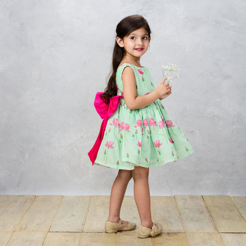 Pre-Order: Floral Printed Green Dress With Contrasting Back Bow