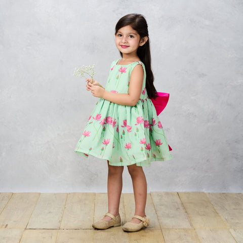 Pre-Order: Floral Printed Green Dress With Contrasting Back Bow