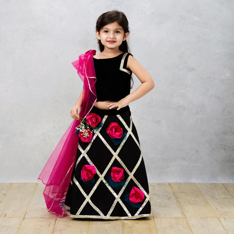 Pre-Order: Midnight Elegance Black Scuba Ghaghra Choli with Floral Gotta Lace Detailing
