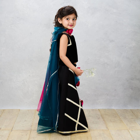 Pre-Order: Midnight Elegance Black Scuba Ghaghra Choli with Floral Gotta Lace Detailing