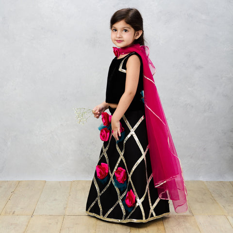Pre-Order: Midnight Elegance Black Scuba Ghaghra Choli with Floral Gotta Lace Detailing
