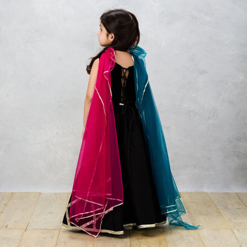 Pre-Order: Midnight Elegance Black Scuba Ghaghra Choli with Floral Gotta Lace Detailing