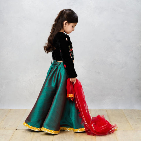 Pre-Order: Black Velvet Embroidered Choli with Raw Silk Ghaghra and Tassels