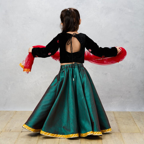 Pre-Order: Black Velvet Embroidered Choli with Raw Silk Ghaghra and Tassels