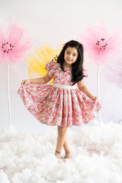 Pre-Order: Fuscia floral printed Satin Dress