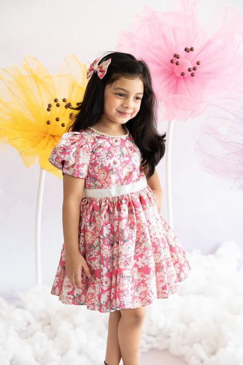 Pre-Order: Fuscia floral printed Satin Dress