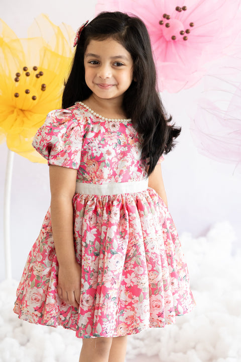 Pre-Order: Fuscia floral printed Satin Dress