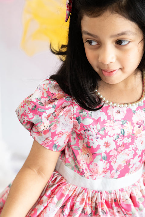 Pre-Order: Fuscia floral printed Satin Dress