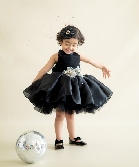 Pre-Order: Black Flare Dress with 3-d hand Embroidered Flowers