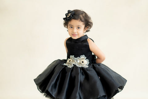 Pre-Order: Black Flare Dress with 3-d hand Embroidered Flowers
