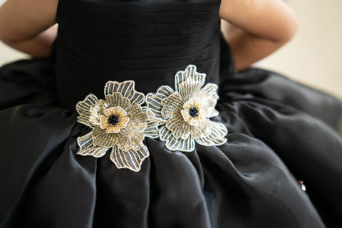 Pre-Order: Black Flare Dress with 3-d hand Embroidered Flowers