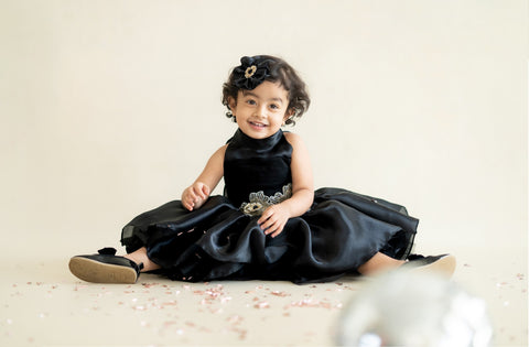 Pre-Order: Black Flare Dress with 3-d hand Embroidered Flowers