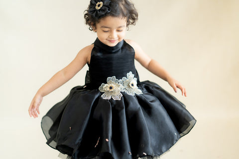 Pre-Order: Black Flare Dress with 3-d hand Embroidered Flowers