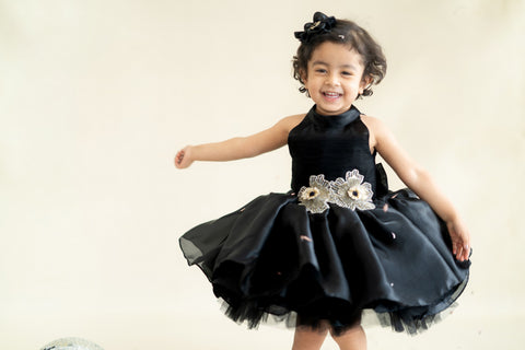 Pre-Order: Black Flare Dress with 3-d hand Embroidered Flowers