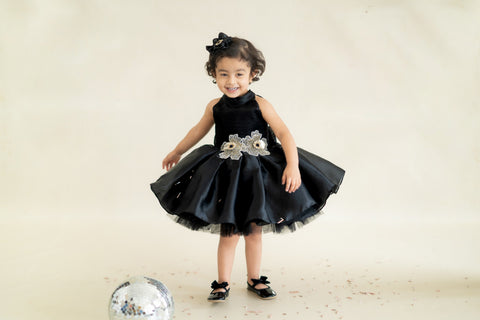 Pre-Order: Black Flare Dress with 3-d hand Embroidered Flowers