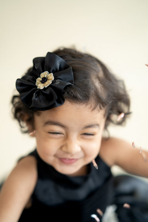 Pre-Order: Black Flare Dress with 3-d hand Embroidered Flowers