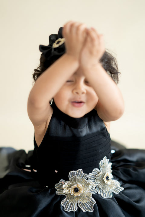 Pre-Order: Black Flare Dress with 3-d hand Embroidered Flowers