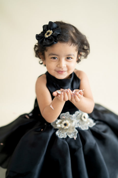 Pre-Order: Black Flare Dress with 3-d hand Embroidered Flowers