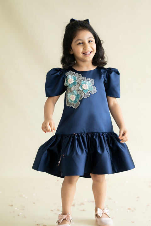 Pre-Order: Blue Satin A-Line Dress with 3 Flowers