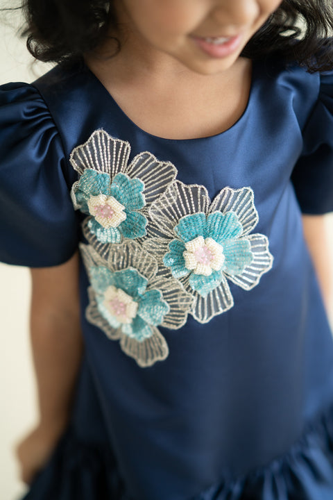 Pre-Order: Blue Satin A-Line Dress with 3 Flowers