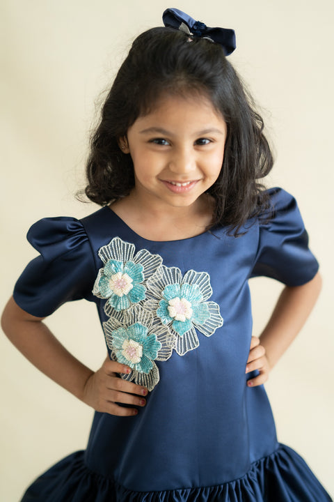 Pre-Order: Blue Satin A-Line Dress with 3 Flowers