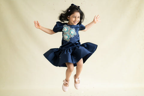 Pre-Order: Blue Satin A-Line Dress with 3 Flowers