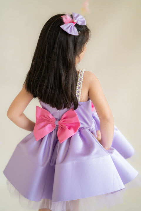Pre-Order: Lavender satin dress with pearl straps and 3-d flower