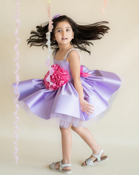 Pre-Order: Lavender satin dress with pearl straps and 3-d flower