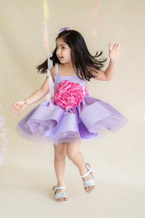 Pre-Order: Lavender satin dress with pearl straps and 3-d flower